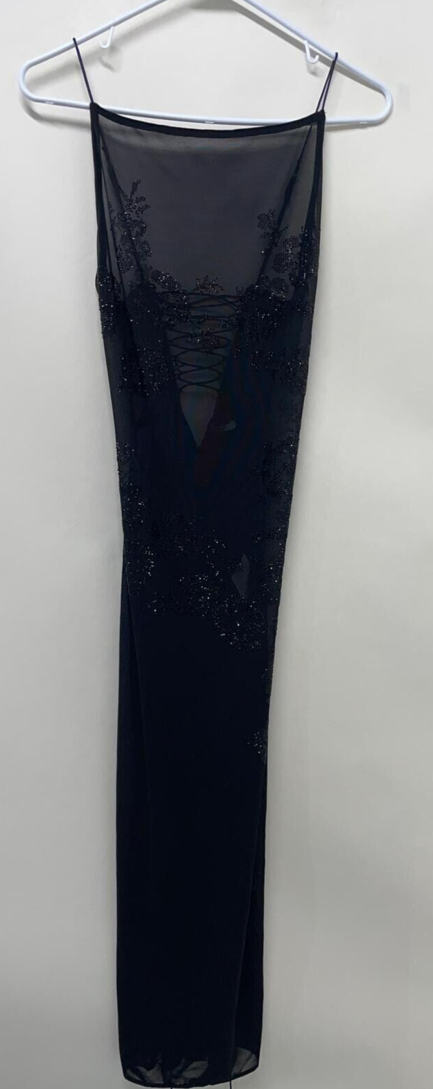 House of CB Womens S Amirah Mesh Crystal Embellished Midi Semi-Sheer Dress Black