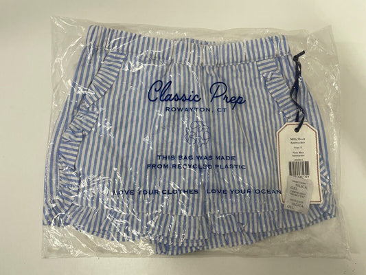 Classic Prep Girls S Milly Short Vista Blue Seersucker Stripe Ruffle Trim Pocket