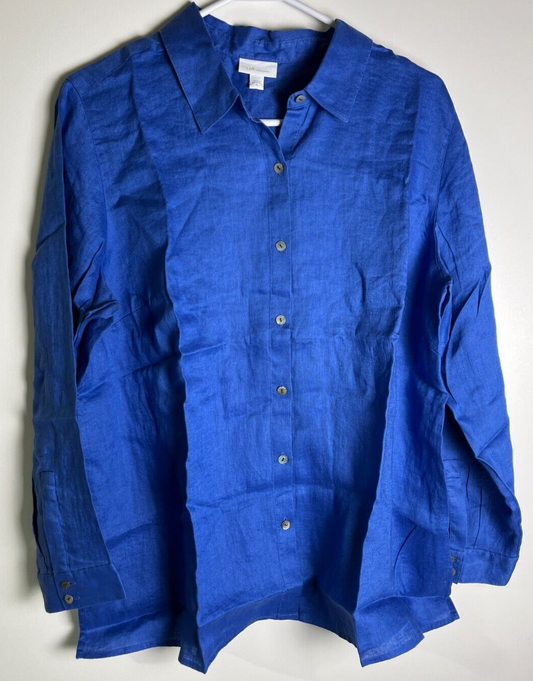 J. Jill Women's XL Everyday Linen Button-Front Shirt Top Blue Long Sleeve 290111