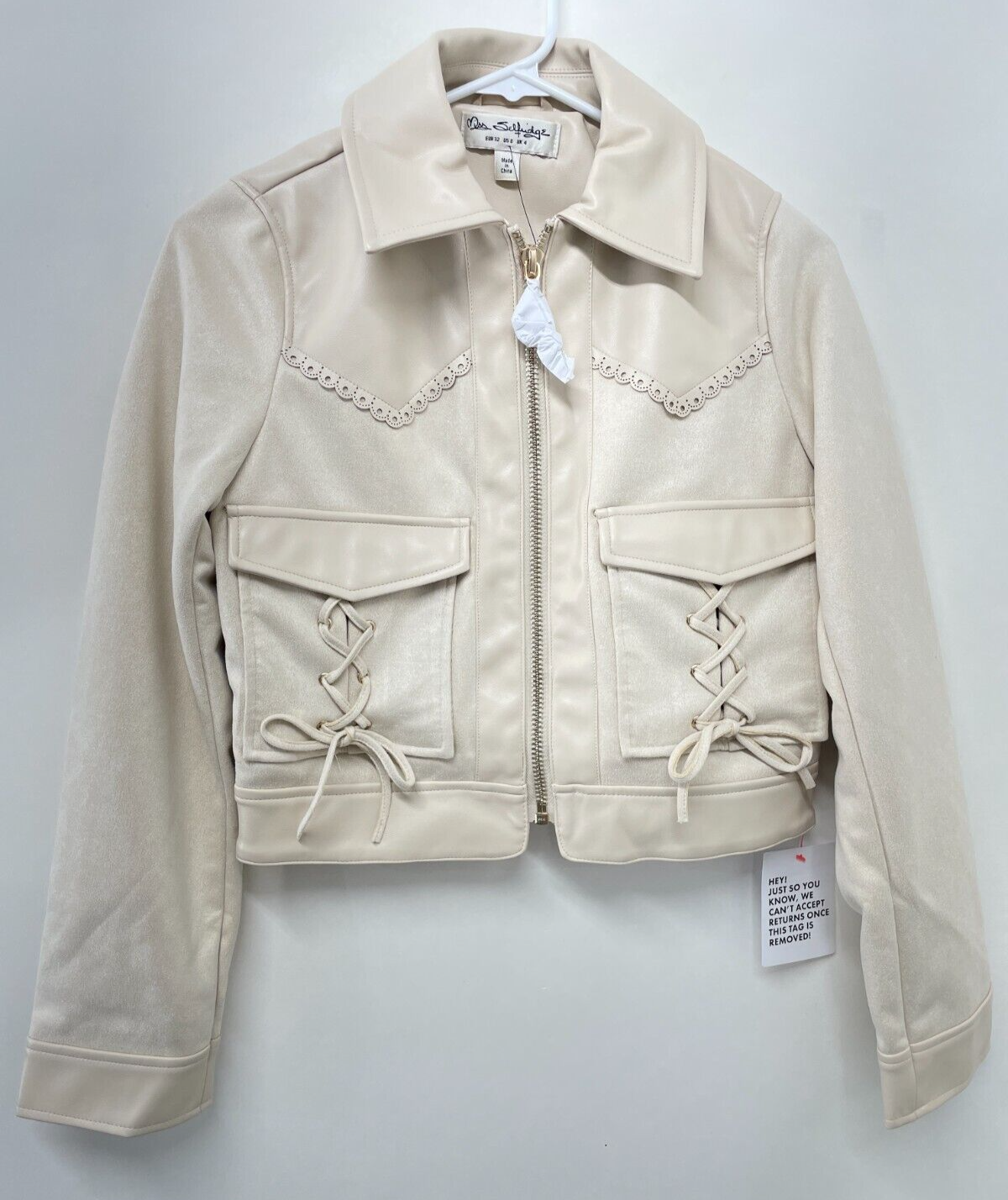 Miss Selfridge Women's 0 Crop Faux Leather Lace Up Zip Western Jacket Cream ASOS