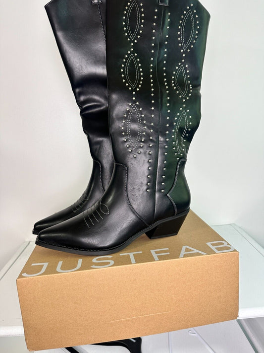 JustFab Women's 12 Casey Western Boot Black Studded Faux Leather Cowboy Cowgirl