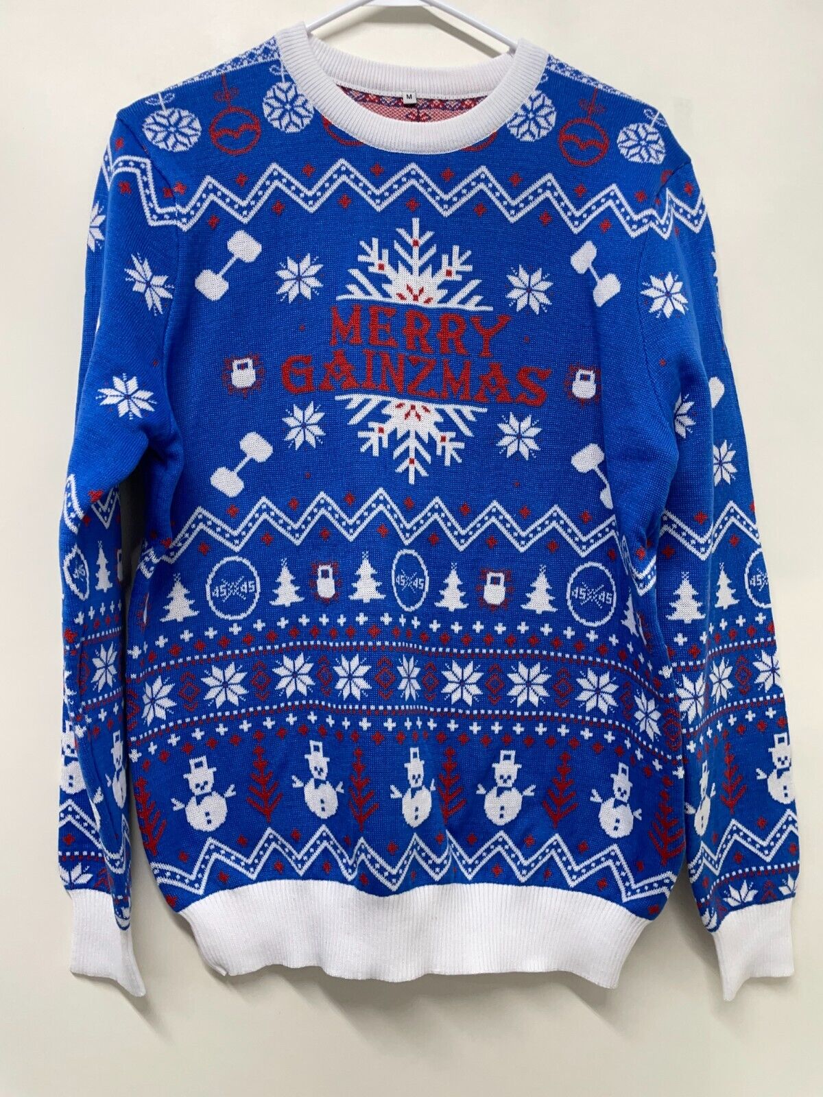 Gainzbox Adult M Ugly Christmas Sweater Blue Gym Pullover Lifting Knit Holiday