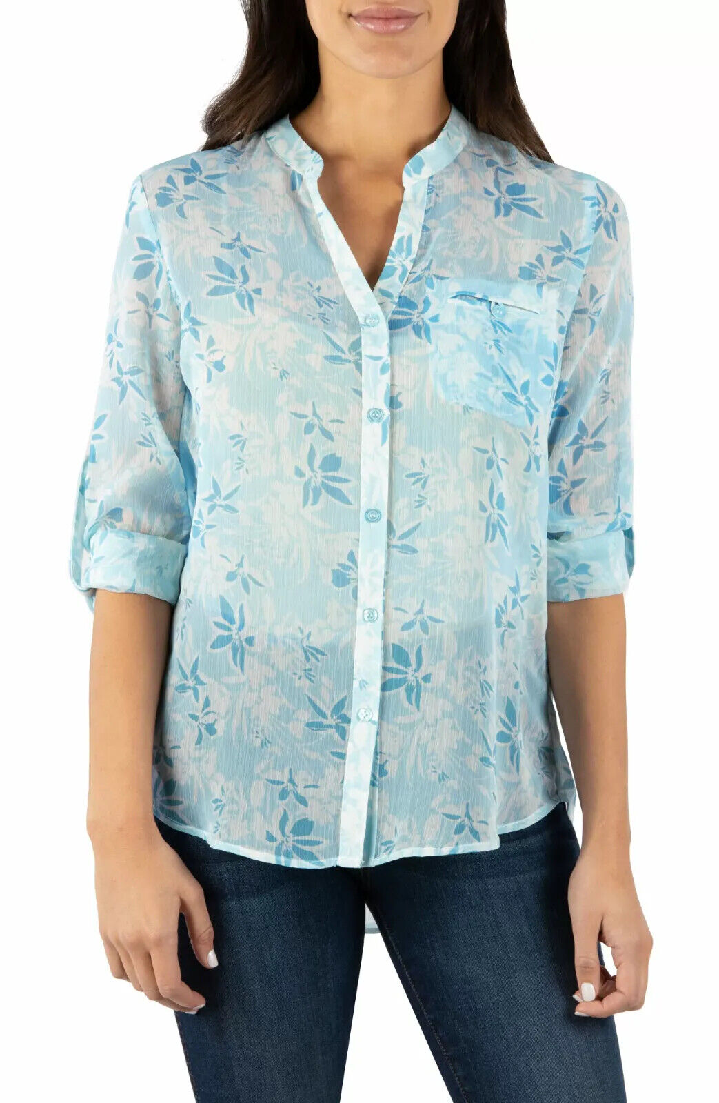 Kut from the Kloth Womens Jasmine Button Down Sheer Top Blouse Shirt Floral