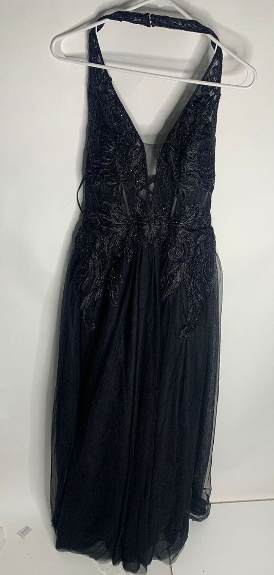 Betsy & Adam Womens 6 Corset-Bodice Fit & Flare Gown Black Lace Up Dress Halter