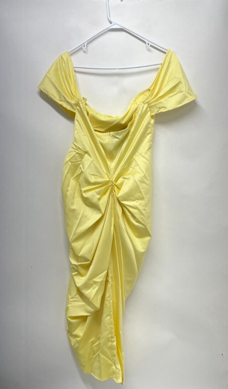 PrettyLittleThing Womens 12 Satin Draped Bardot Midi Dress Yellow Pleats CMS1855