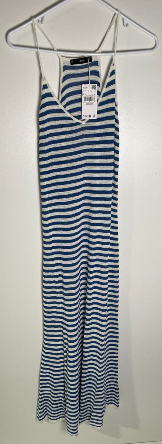 Mango Women's L Striped Jersey Knit Maxi Dress Blue White V-Neck 57092879 MNG