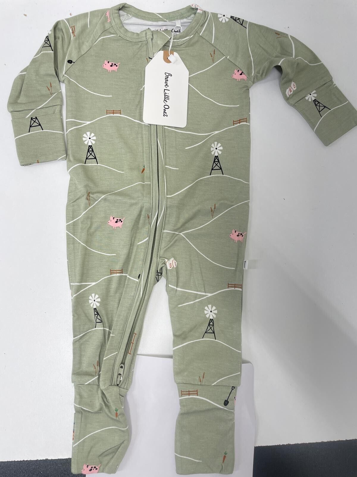 Brave Little Ones Baby 0-3M On The Farm Zip Romper Swaddle Set Beanie Bamboo