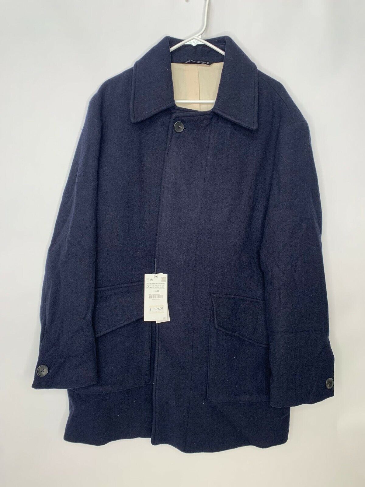 Zara Mens XL Navy Wool Blend Peacoat Overcoat w/ Pockets Join Life Recycled