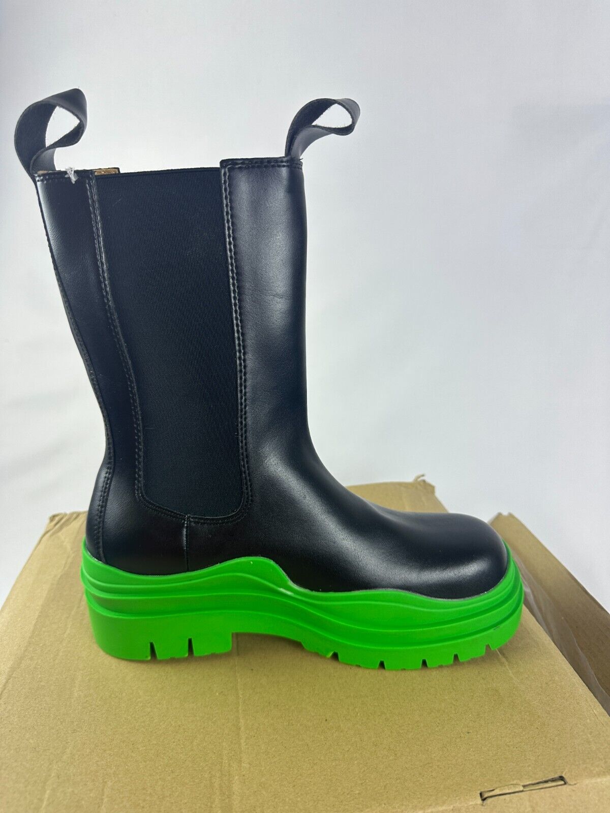 Vertundy Womens 6 Mid Calf Rain Boot Black Green Leather Waterproof 1122