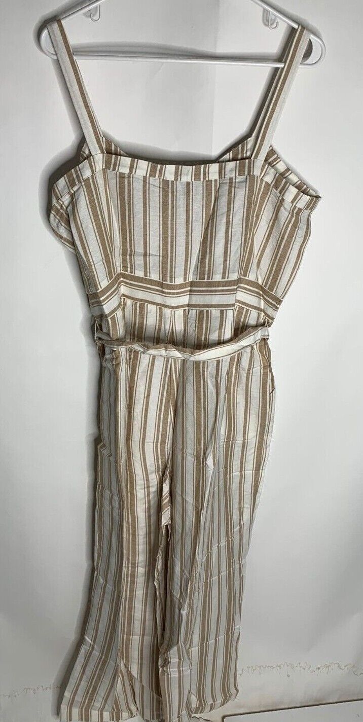 LOFT Womens 14 Striped Strappy Jumpsuit Seaside Sand Ivory Sleeveless Linen