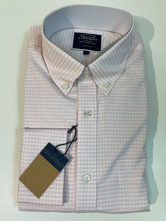 Charles Tyrwhitt Mens L Button-Down Classic Fit Stretch Oxford Shirt Pink Check