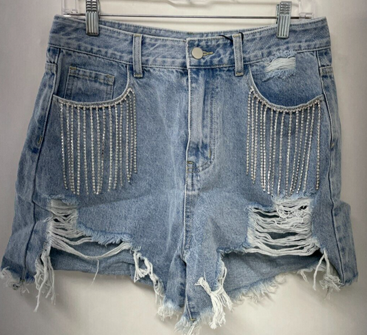 Cider Women's L Diamond Tassels Ripped Denim Shorts Blue Cotton Distressed Jean