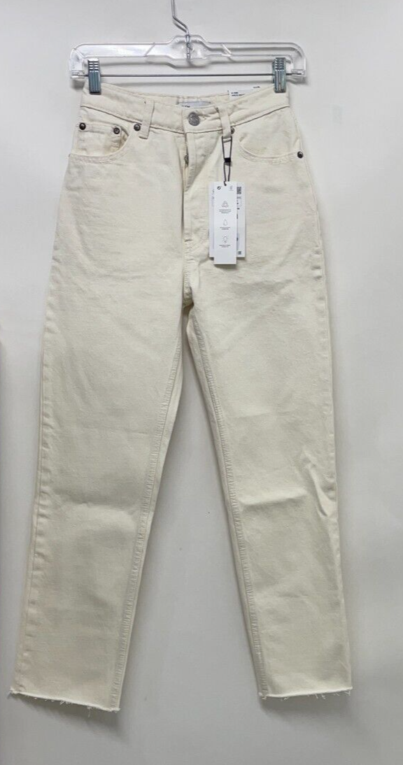 Zara Womens 2 TRF Straight Jeans Cream High Rise Frayed Hem Zip Fly 7227/237/711