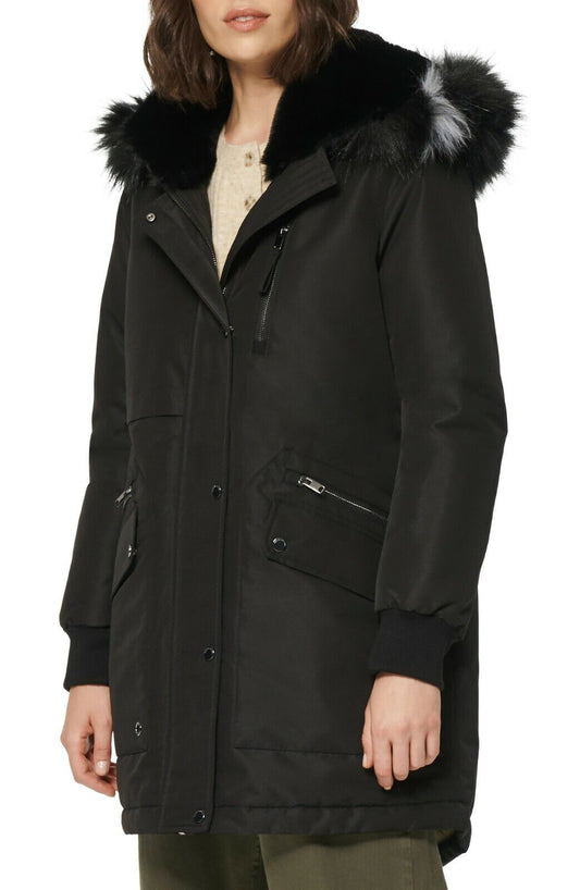 Marc New York Womens S Black Carina Water Resistant Hooded Parka Faux Fur Trim