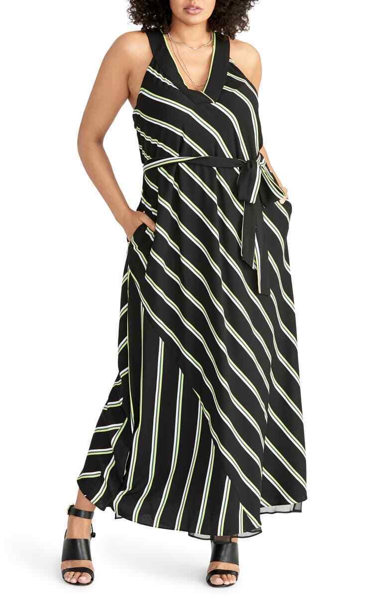 Rachel Roy Womens XS Black Neon Green Jacey Striped Maxi Dress Belted Racerback