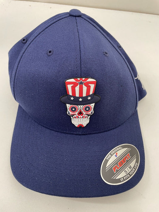 Branded Bills Men S/M Skull Flexfit Hat Navy Blue Uncle Sam Patriot Baseball Cap