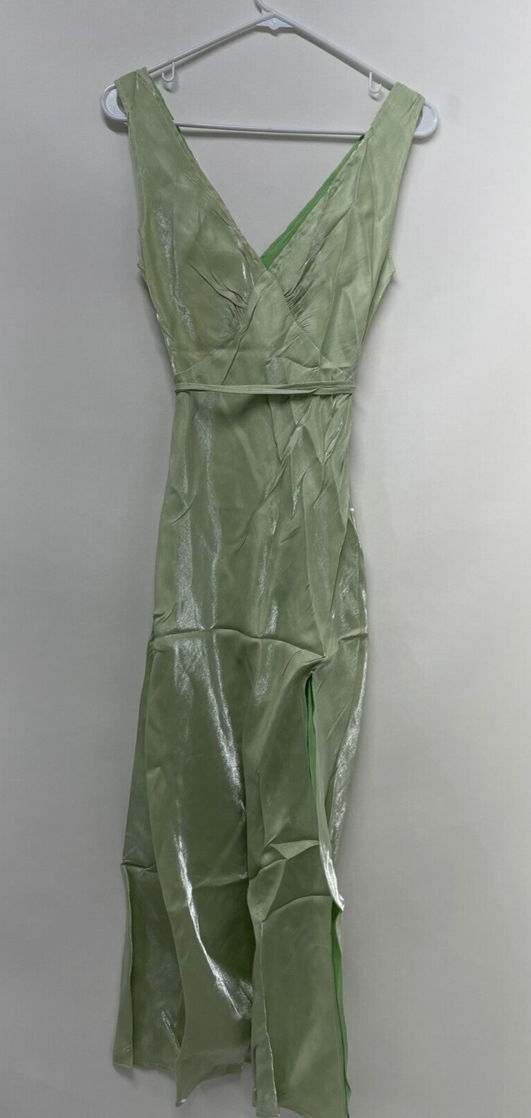 Pepper Mayo Women 2 Billie Split Maxi Dress Sage Green Metallic Satin Sleeveless