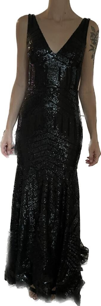 Vnaix Womens 2 Sequin V Neck Sleeveless Ball Gown Black Dress Wedding Train