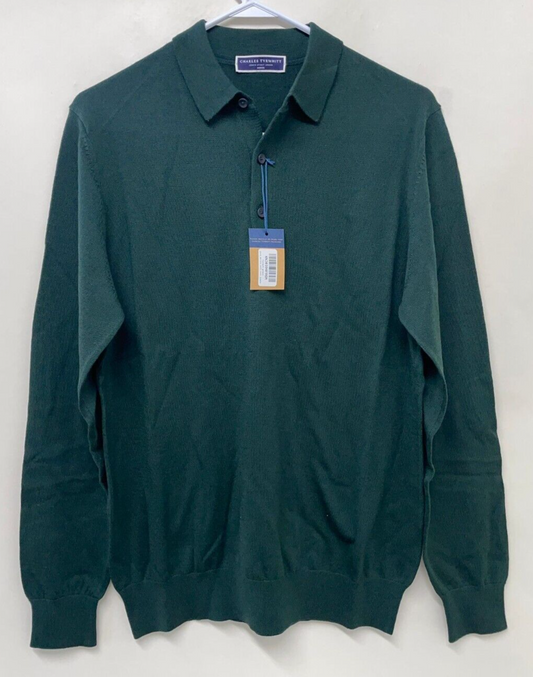 Charles Tyrwhitt Mens M Pure Merino Polo Neck Sweater Forest Green Long Sleeve