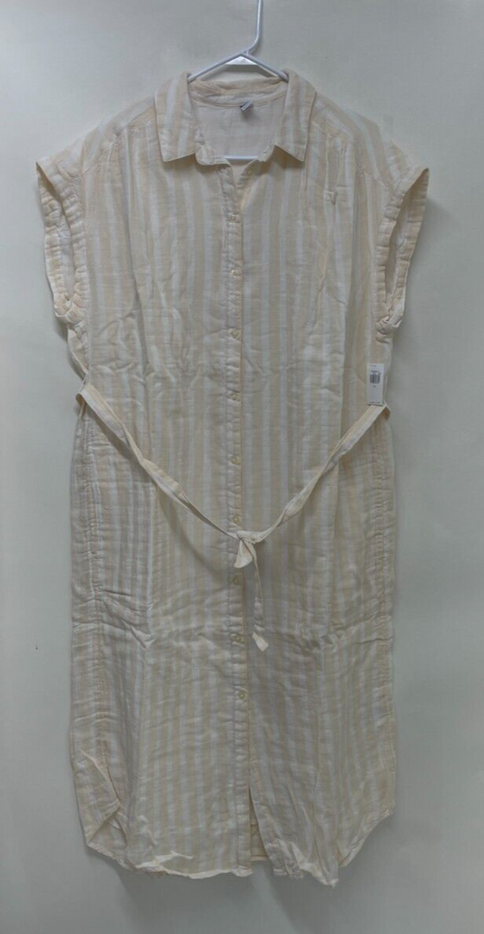 Old Navy Womens XL Short Sleeve Waist Defined Striped Midi Shirt Dress Beige