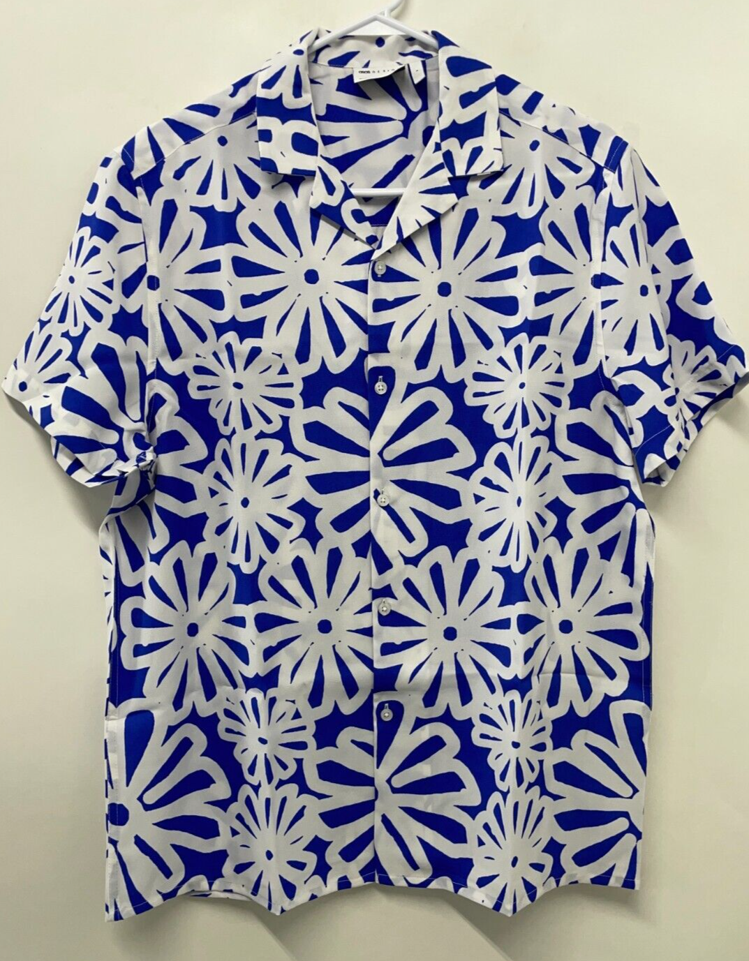 ASOS Men's M Relaxed Revere Shirt Blue Daisy Print Short Sleeve Button-Up NWT