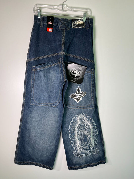 Skato Men's 30x30 Wide-Leg Skate Virgin Mary Y2K Baggy Jeans Medium Wash Denim