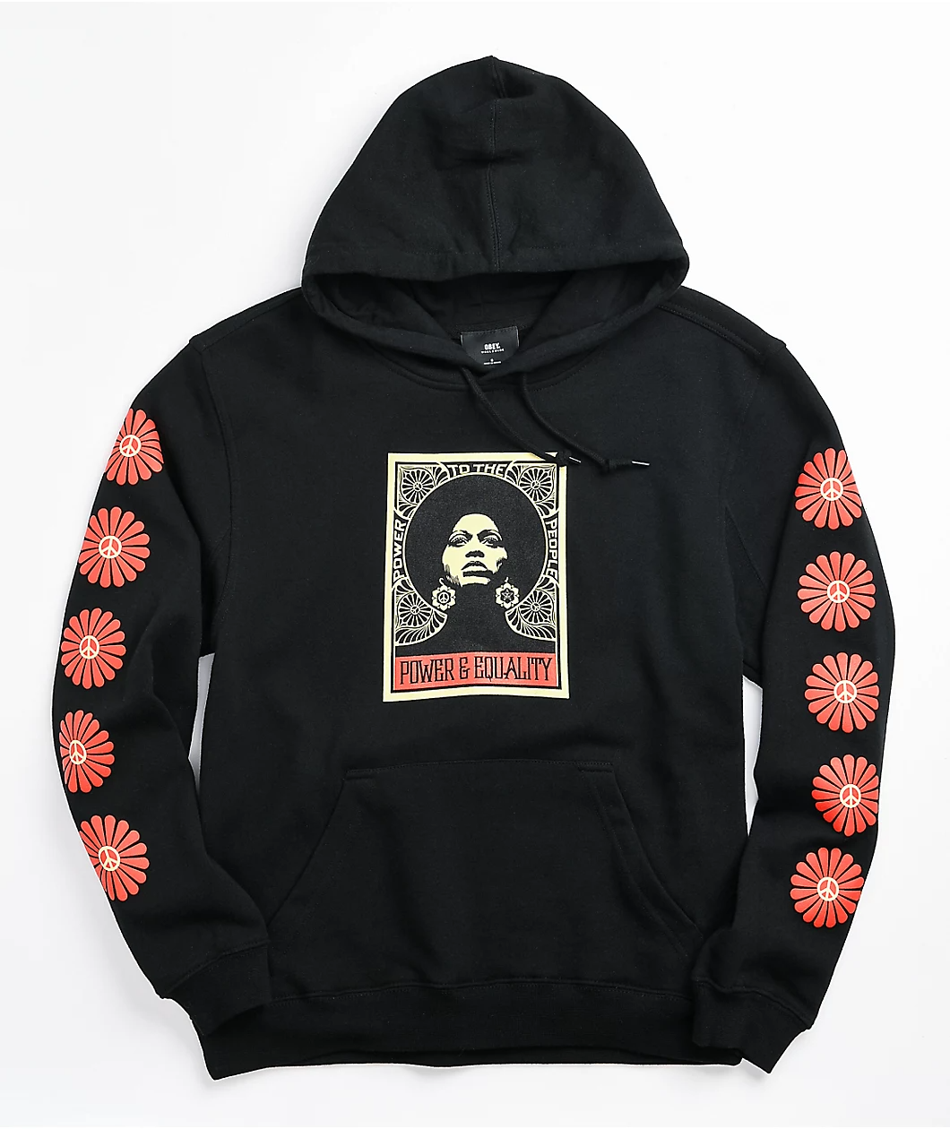 Obey Womens M Afrocentric Hoodie Black Screen Printed Peace Sign Floral Zumiez