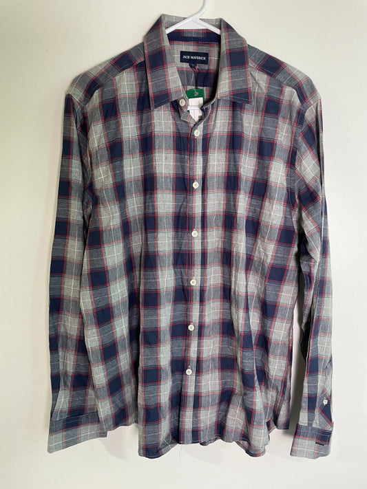 Jack Maverick Men's L Long Sleeve Plaid Button Up Flannel Shirt Navy Gray 356025