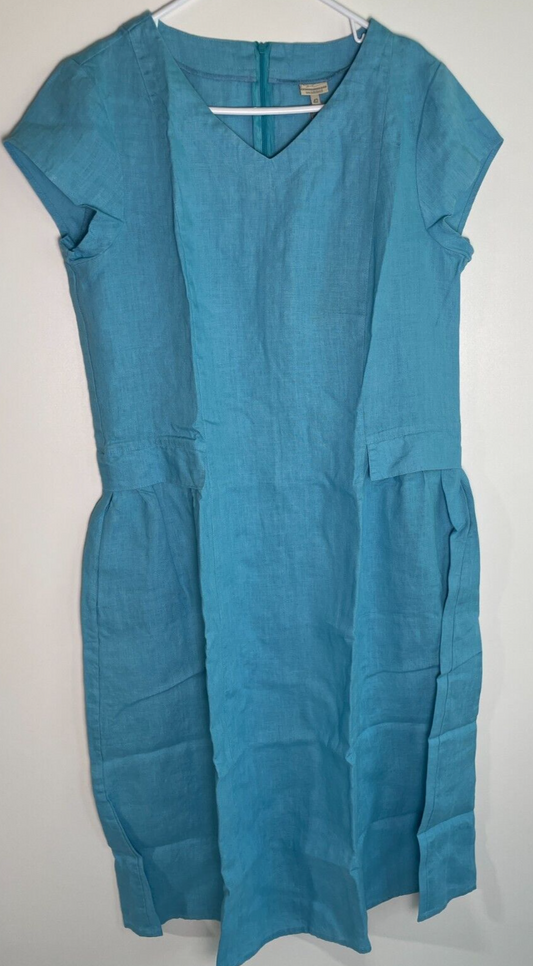 Baltic Linen Women's 42/L Jura Natural Summer Dress Teal Short Sleeve Pockets