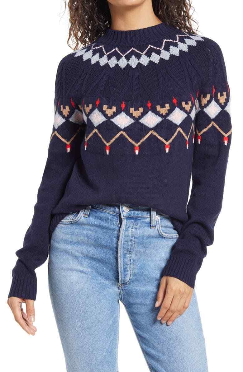1901 Womens S Navy Blue Mock Neck Fair Isle Holiday Pullover Cable Knit Sweater