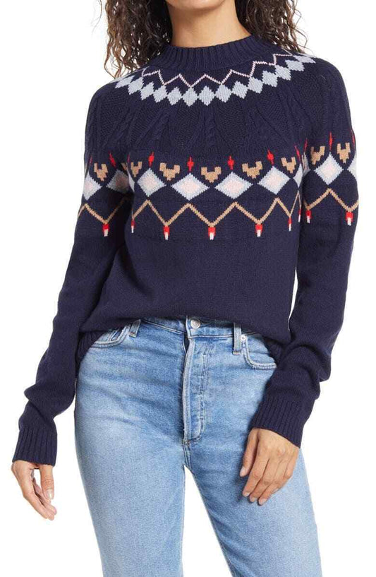 1901 Womens S Navy Blue Mock Neck Fair Isle Holiday Pullover Cable Knit Sweater