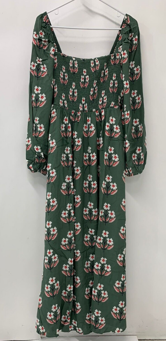 Boden Womens 8 Connie Square Neck Smocked Maxi Dress Green Blossoming Bud Floral