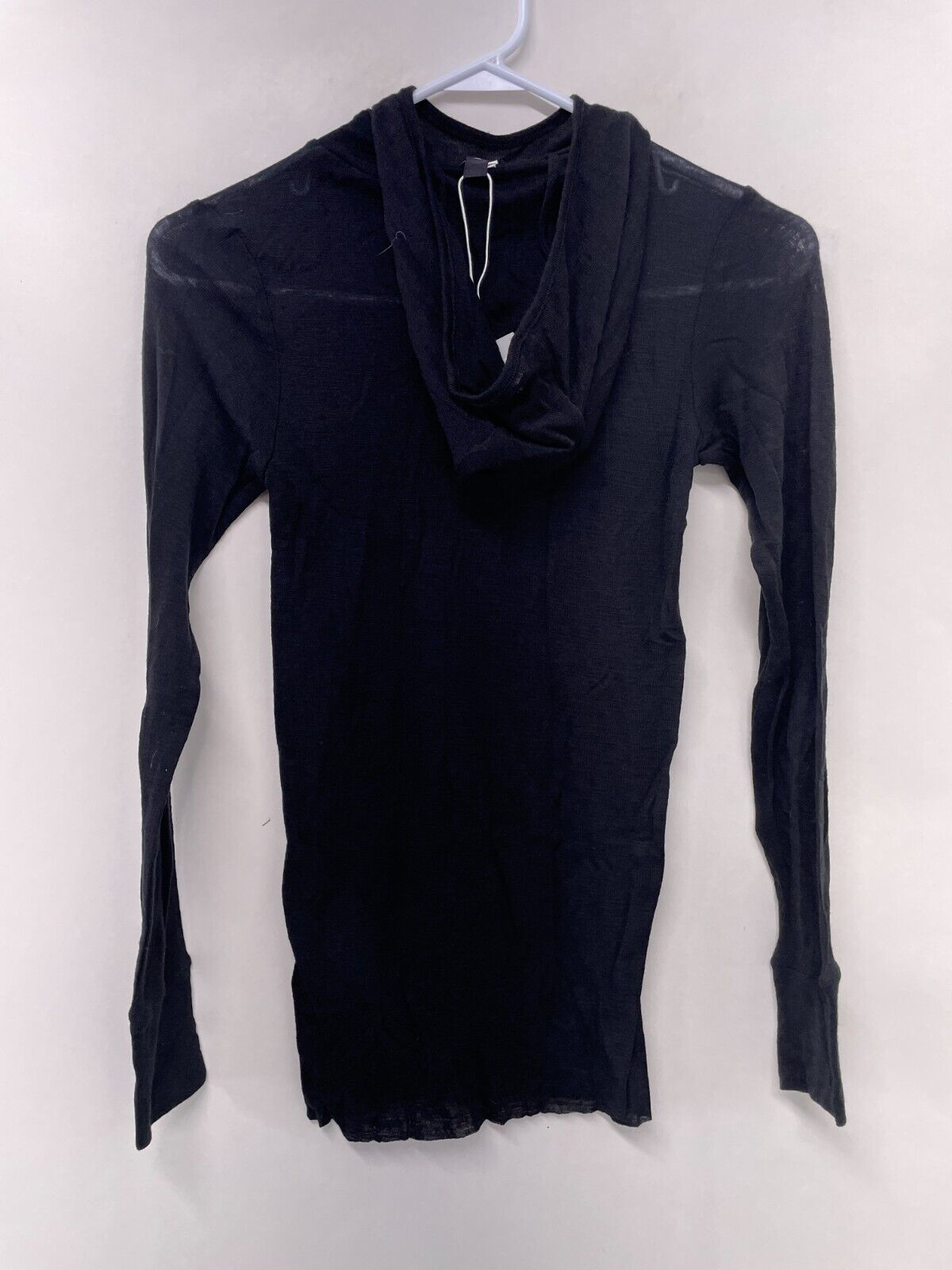 COS Womens XS Hooded Top Black Sheer Long Sleeve Wool Blend Lightweight