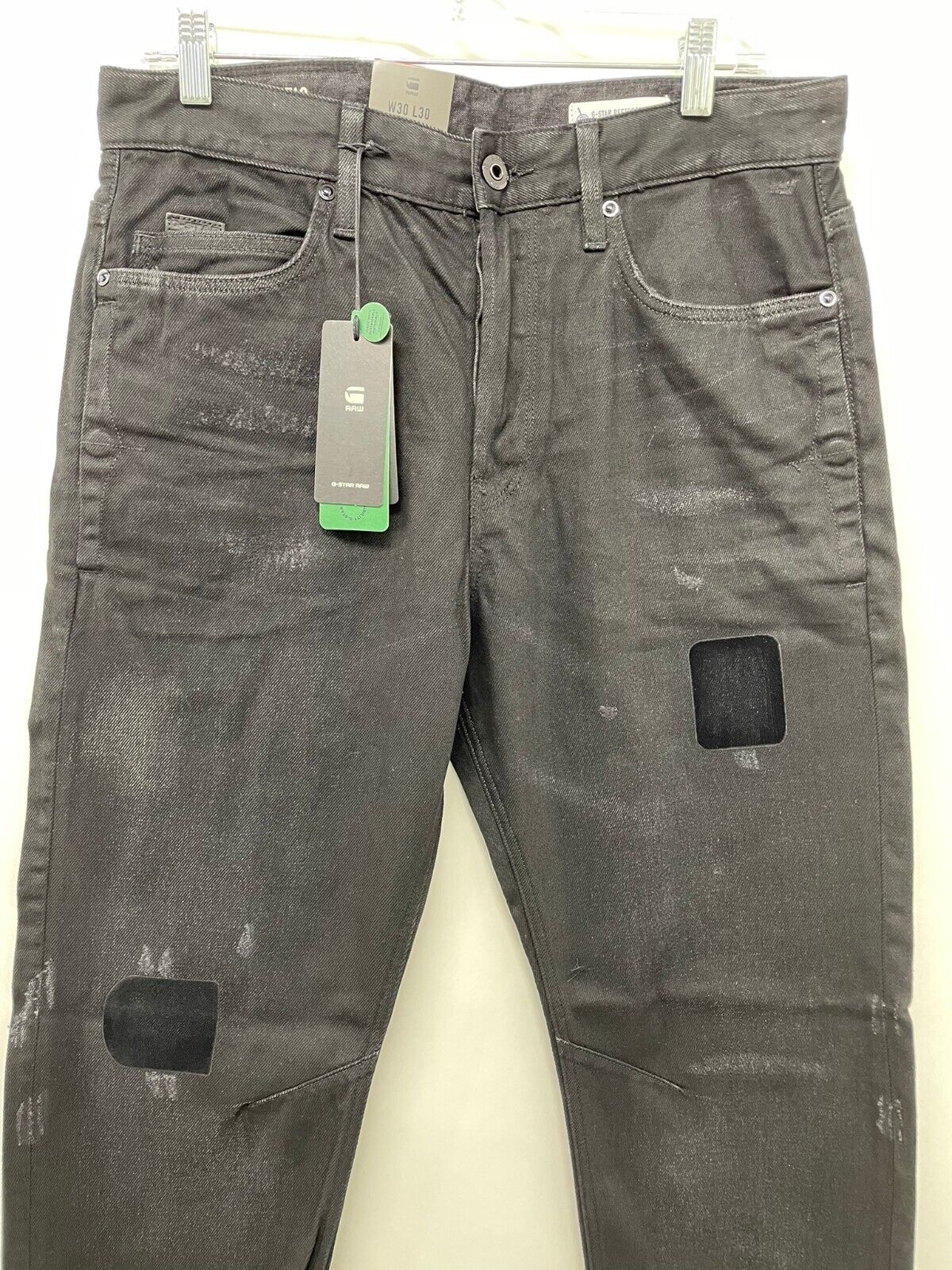 G Star Denim Mens 30x30 A-Staq Tapered Jet Black Rescue Patch Restored Jeans 32