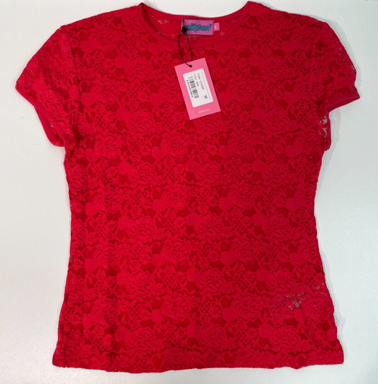 Edikted Women's M Kaori Sheer Lace T-Shirt Red Short Sleeve Stretchy S16300