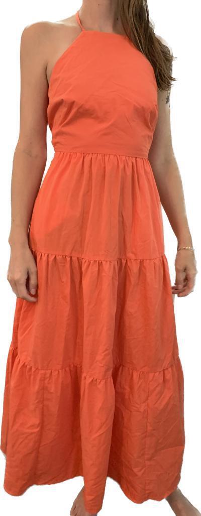 Gap Womens 0 Tie-Back Halter Maxi Dress 814622 Neon Coral Orange Salmon Tiered