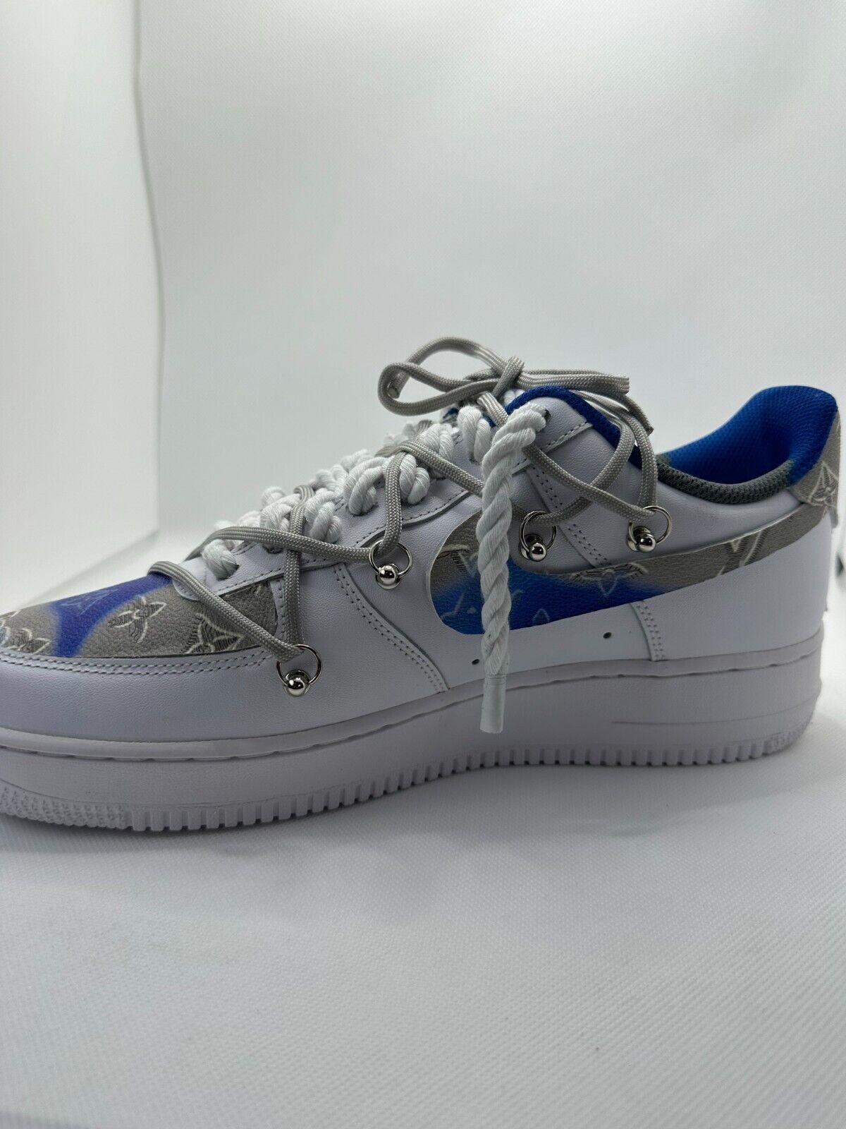 Nike Mens 11 Air Force 1 White LV Collab Rope Lace Customized Sneaker Shoe