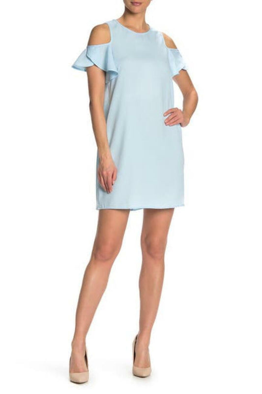 Papillon Womens M Light Baby Blue Ruffle Cold Shoulder Shift Dress Mini