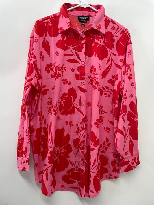 Wednesday's Girl Maternity Women 10 Oversized Bold Bloom Floral Shirt Pink Red