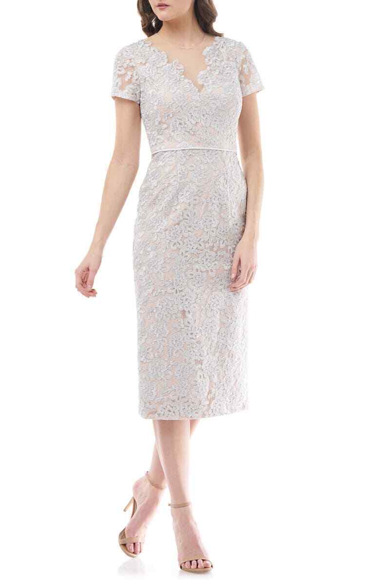 JS Collections Womens 4 Nude Metallic Silver Illusion Lace Sheath Cocktail Dress