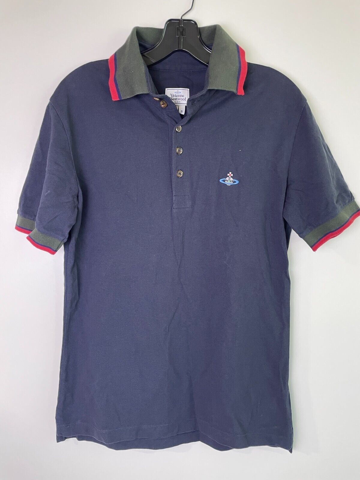 Vivienne Westwood Mens S Polo Shirt Navy Short Sleeve Striped Collar Golf