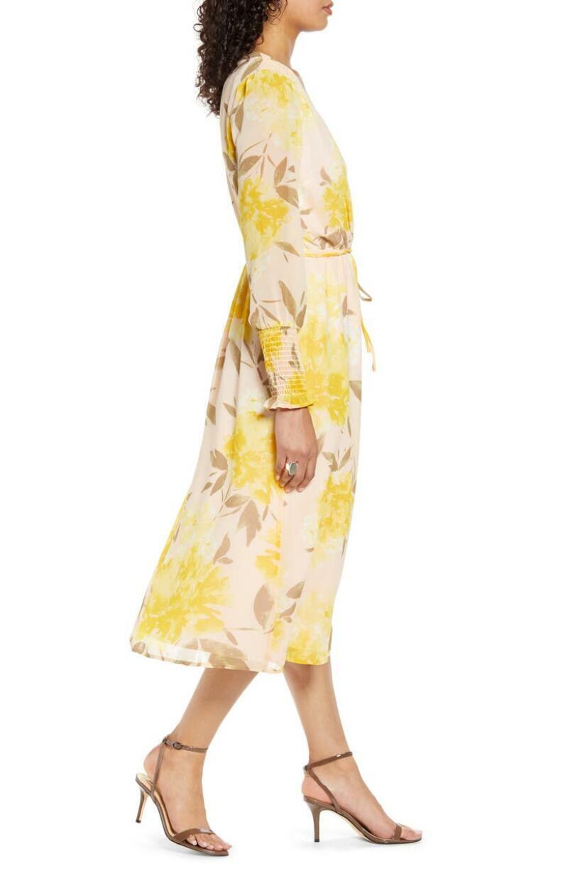 Halogen Women XS Pink Peach Floral Yellow Print Long Sleeve Faux Wrap Midi Dress