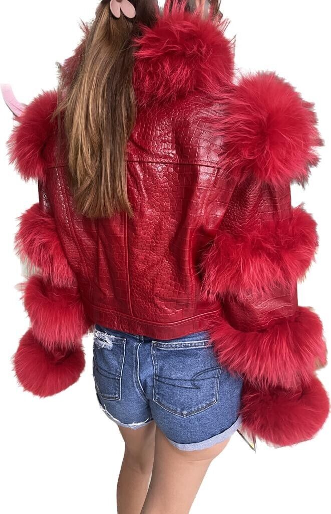 Paisleys Luxe Boutique Womens S Valentine Red Leather Racoon Fur Croc Jacket