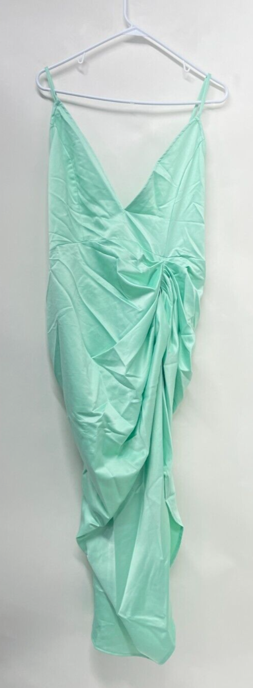 PrettyLittleThing Womens 10 Satin Draped Plunging Neckline Midi Dress Mint Green