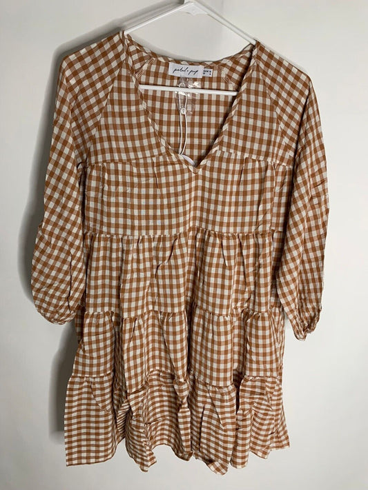 Petal + Pup Womens 6 Brown Gingham Alana Dress Tiered Ruffle Smocked