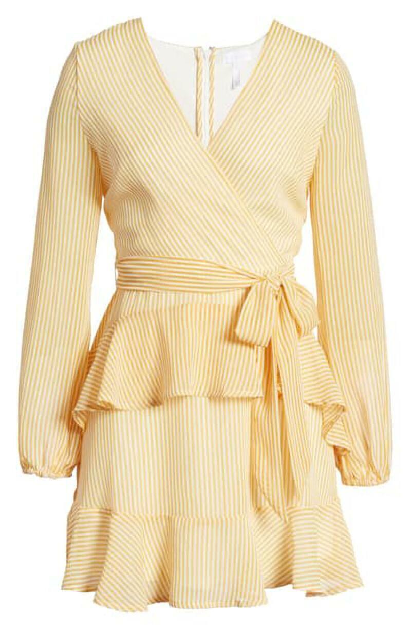 Leith Womens M Yellow Stripe Long Sleeve Wrap Front Mini Dress Tiered Ruffle