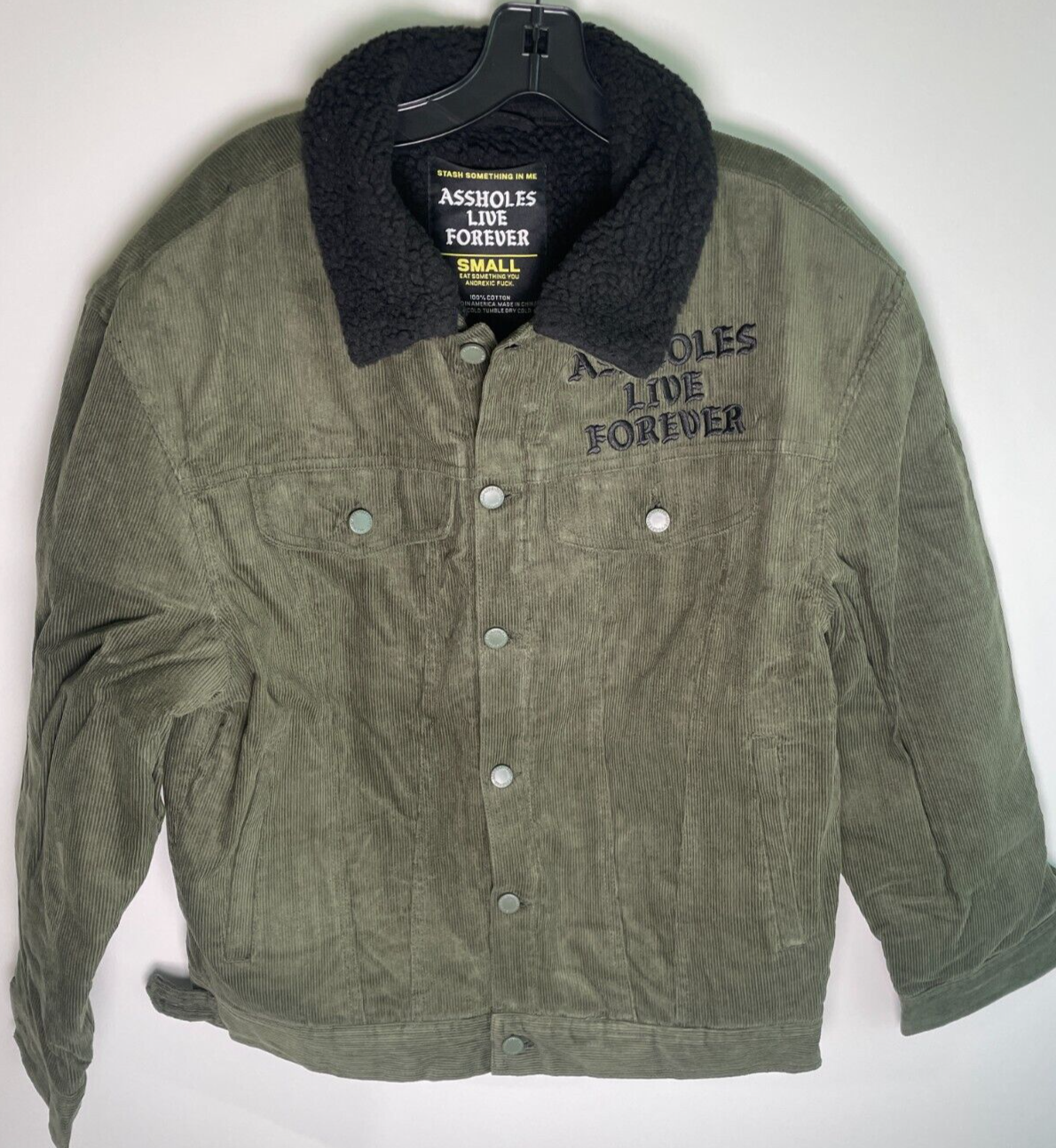 A**holes Live Forever Mens S Corduroy Jacket Sherpa Lining Army Green ALF Unisex