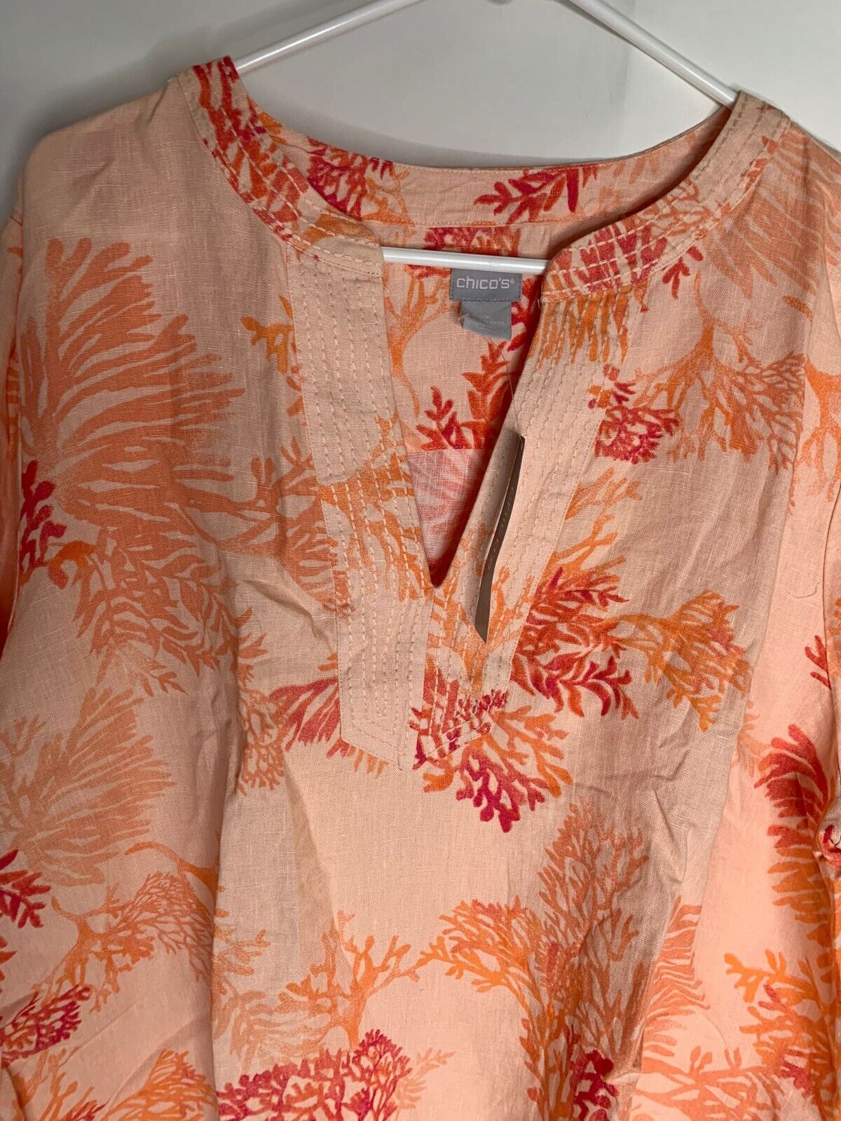 Chicos Womens 4 Trapunto Short Dress Coral Linen Paradise Lily Split Neck Shift