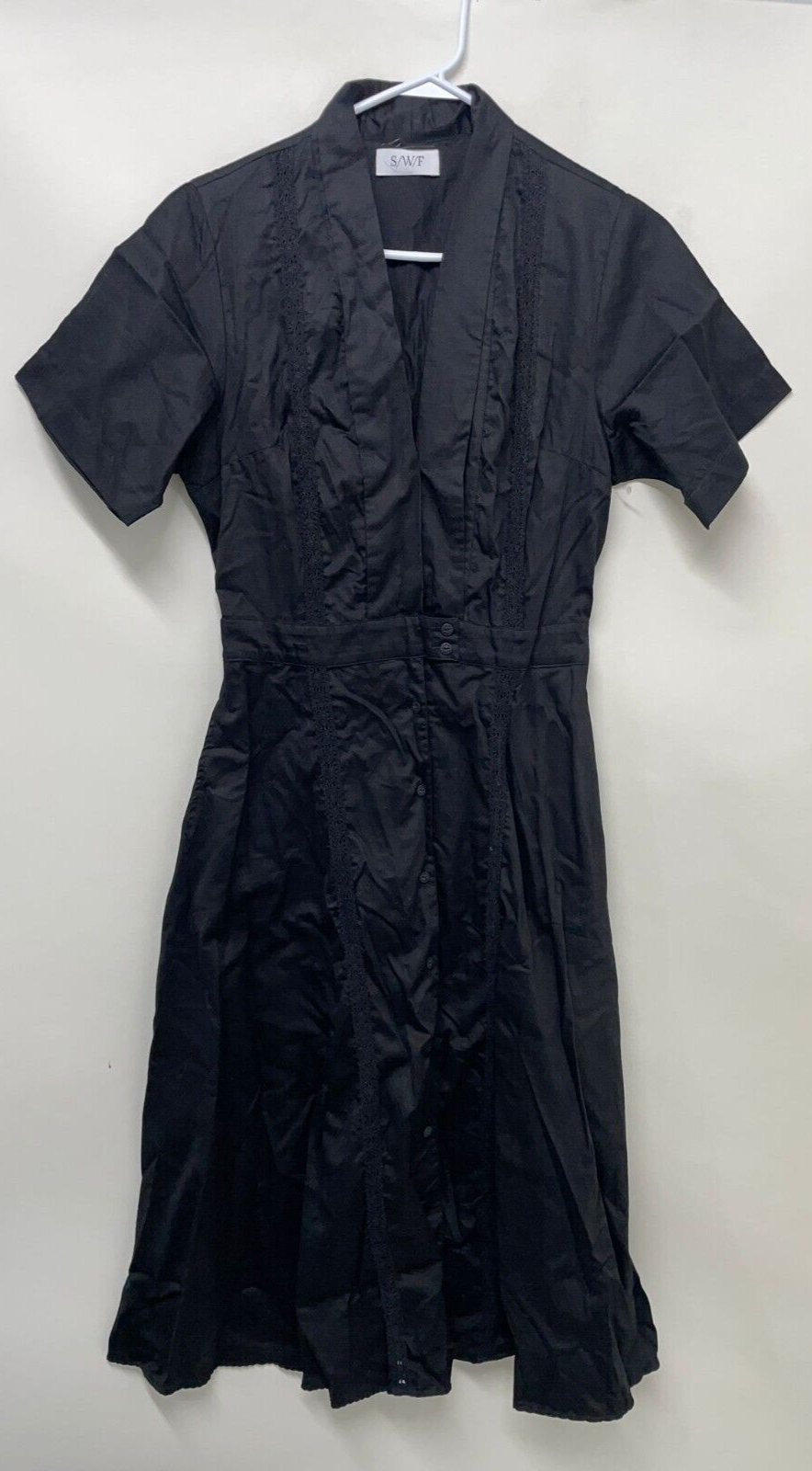 S/W/F Womens L Black Freedom Plunge Lace Trim Midi Dress Cotton Belted SWF