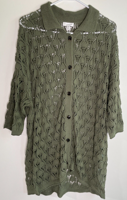 Topshop Women's 12 Knit Open Stitch Collared Button Up Shirt Green 125715923